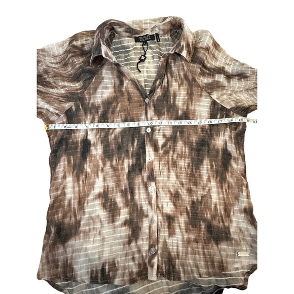 Badgley Mischka Womens Brown Tie Dye Button Down Short Sleeve Blouse Neutral M - Picture 8 of 8